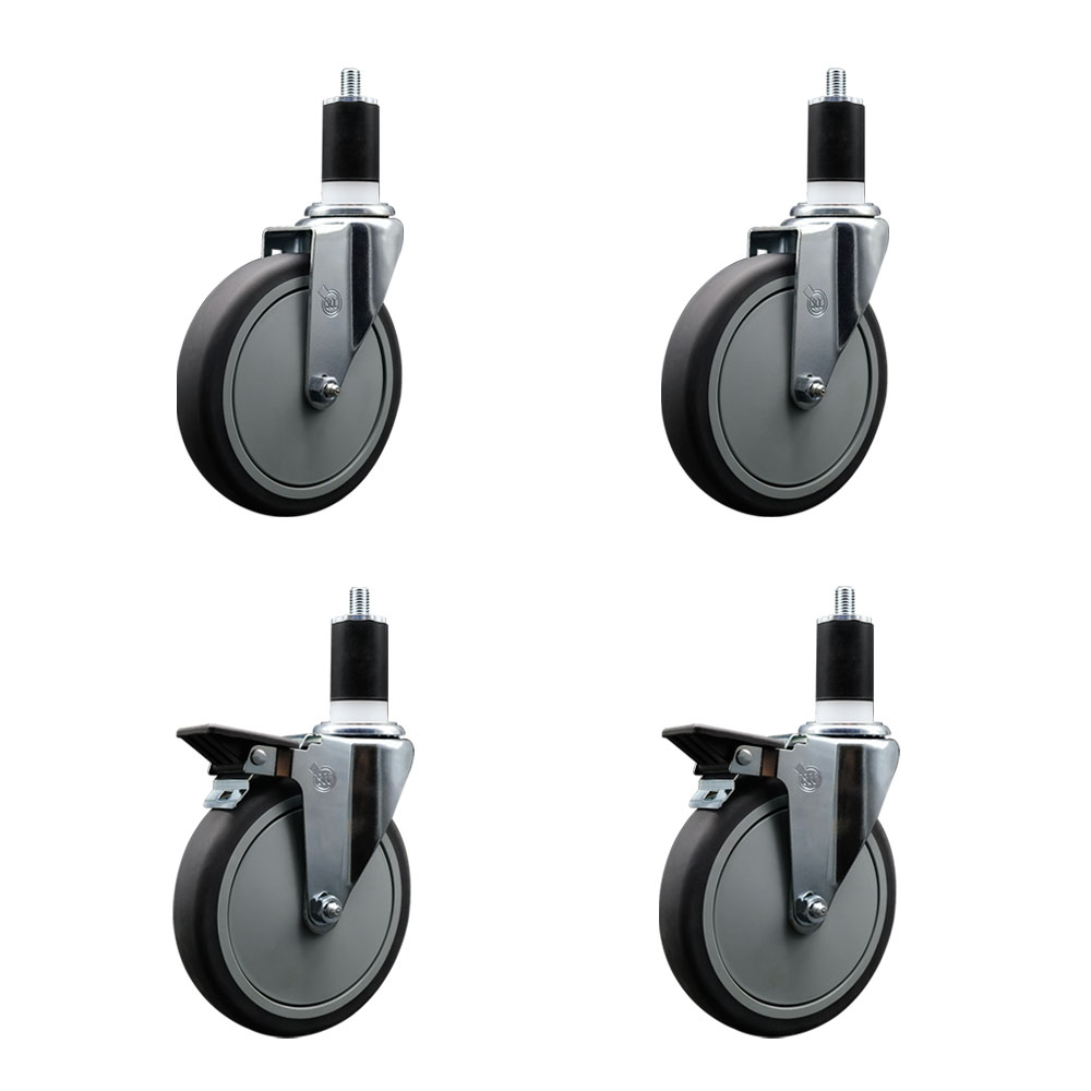 Thermoplastic Rubber Swivel Expanding Stem Caster Set of 4 with 6 Inch Gray Wheels and 1-1/2" Stems - Includes 2 with Posi Locking Brakes - 1200 lbs Total Capacity - Service Caster Brand — photo 1