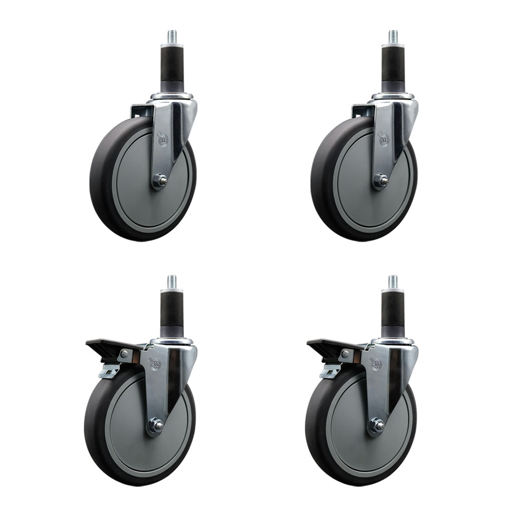 Thermoplastic Rubber Swivel Expanding Stem Caster Set of 4 with 6 Inch Gray Wheels and 1-1/4" Stems - Includes 2 with Posi Locking Brakes - 1200 lbs Total Capacity - Service Caster Brand — photo 1