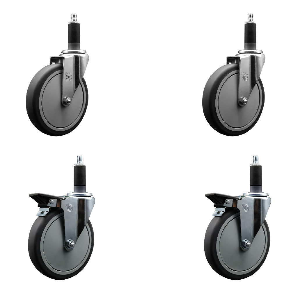 Thermoplastic Rubber Swivel Expanding Stem Caster Set of 4 with 6 Inch Gray Wheels and 1-1/8" Stems - Includes 2 with Posi Locking Brakes - 1200 lbs Total Capacity - Service Caster Brand — photo 1