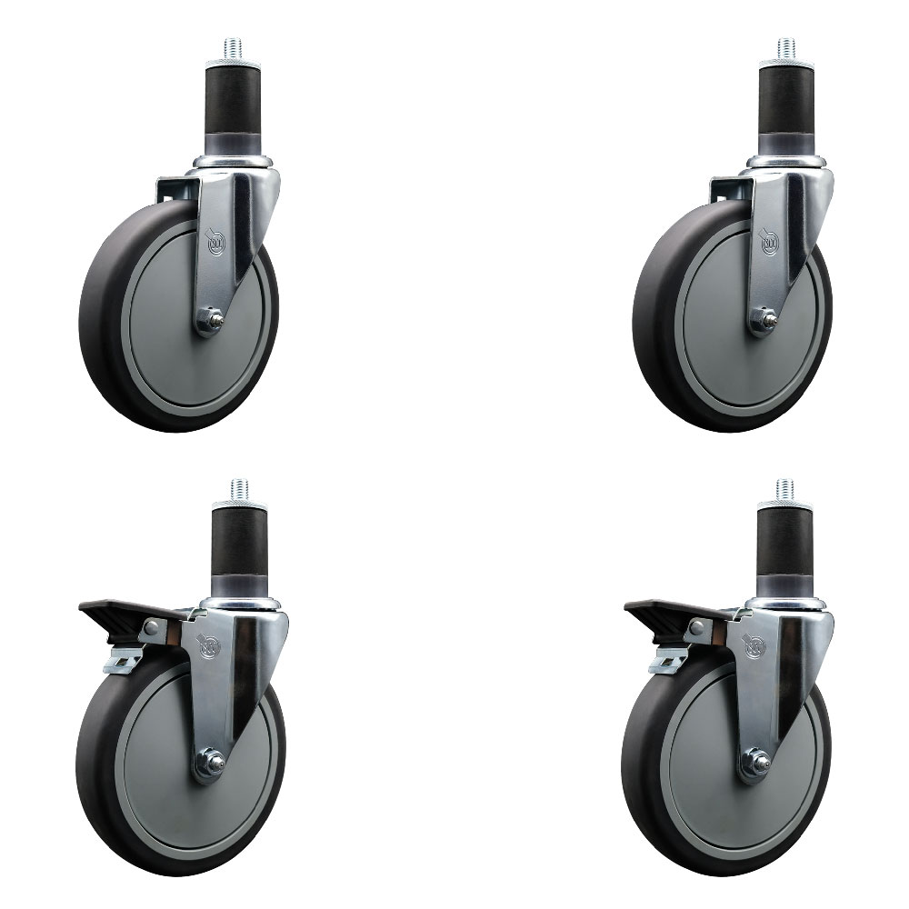 Thermoplastic Rubber Swivel Expanding Stem Caster Set of 4 with 6 Inch Gray Wheels and 1-5/8" Stems - Includes 2 with Posi Locking Brakes - 1200 lbs Total Capacity - Service Caster Brand — photo 1