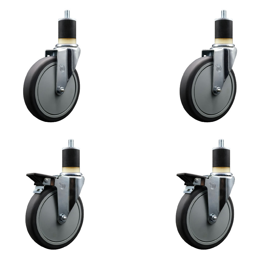 Thermoplastic Rubber Swivel Expanding Stem Caster Set of 4 with 6 Inch Gray Wheels and 1-7/8" Stems - Includes 2 with Posi Locking Brakes - 1200 lbs Total Capacity - Service Caster Brand — photo 1