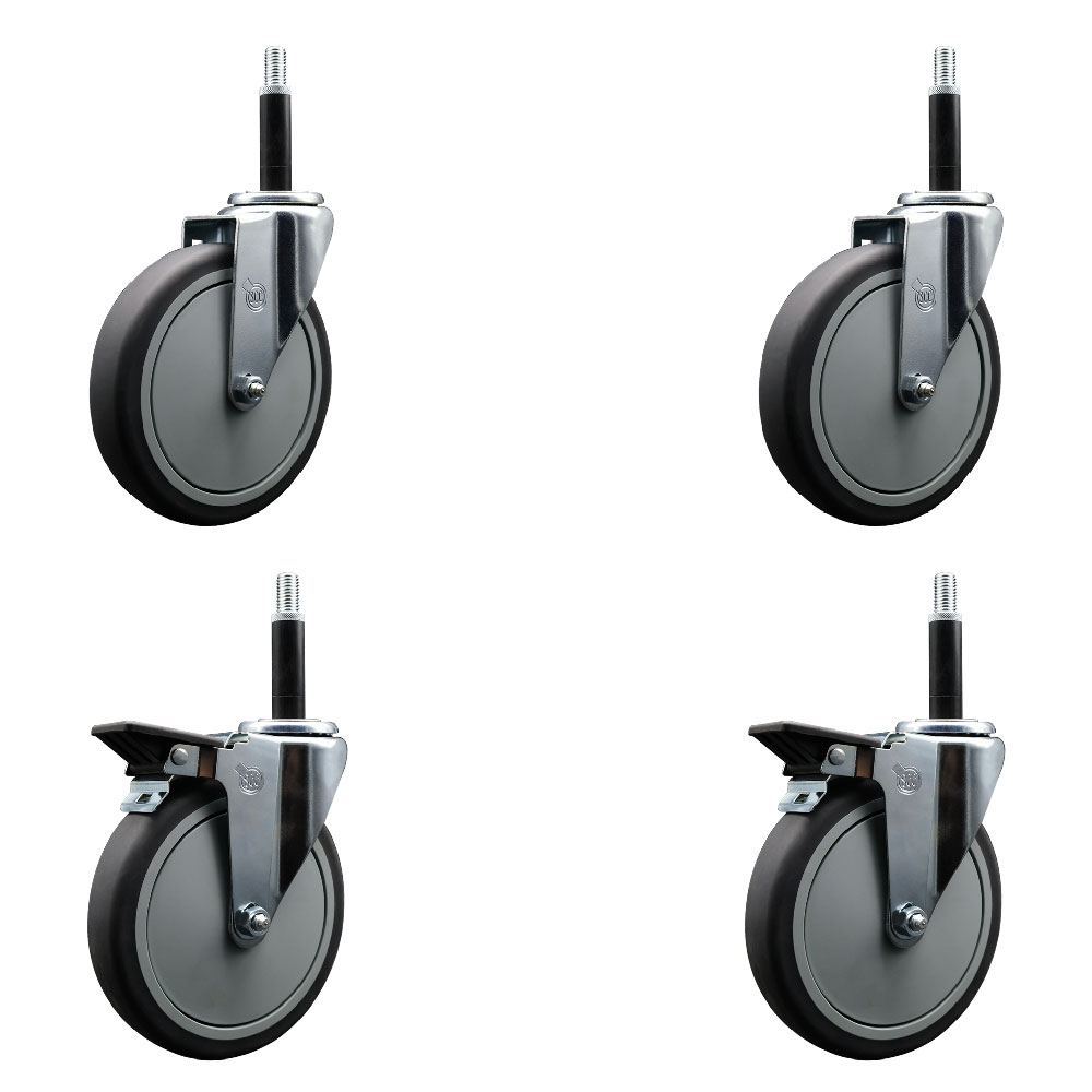 Thermoplastic Rubber Swivel Expanding Stem Caster Set of 4 with 6 Inch Gray Wheels and 3/4" Stems - Includes 2 with Posi Locking Brakes - 1200 lbs Total Capacity - Service Caster Brand — photo 1