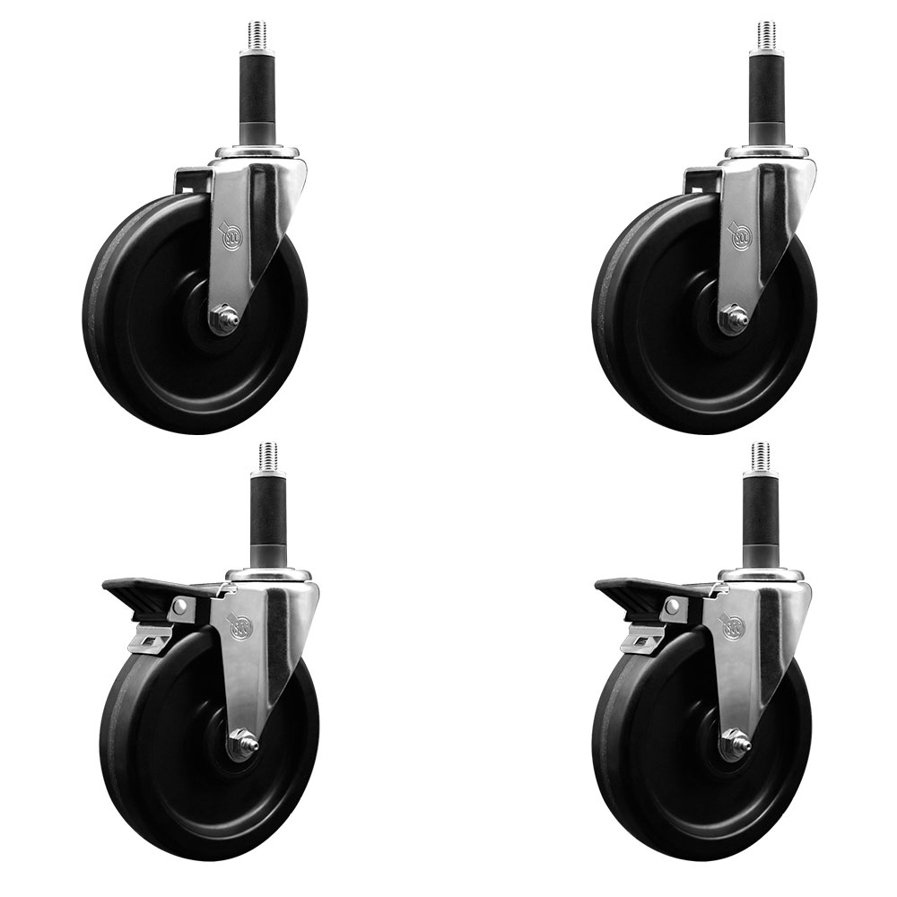 Phenolic Swivel Expanding Stem Caster Set of 4 w/Roller Bearings - 6" x 1.5" Black Wheels and 1" Stems - Includes 2 with Posi Locking Brakes - 1200 lbs Total Capacity - Service Caster Brand — photo 1