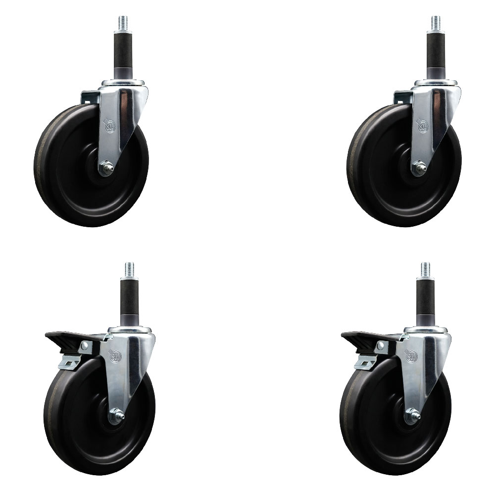 Phenolic Swivel Expanding Stem Caster Set of 4 with 6 Inch Black Wheels and 1" Stems - Includes 2 with Posi Locking Brakes - 1200 lbs Total Capacity - Service Caster Brand — photo 1