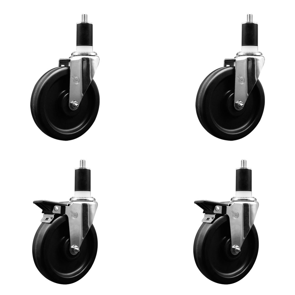 Phenolic Swivel Expanding Stem Caster Set of 4 with 6 Inch Black Wheels and 1-1/2" Stems - Includes 2 with Posi Locking Brakes - 1200 lbs Total Capacity - Service Caster Brand — photo 1