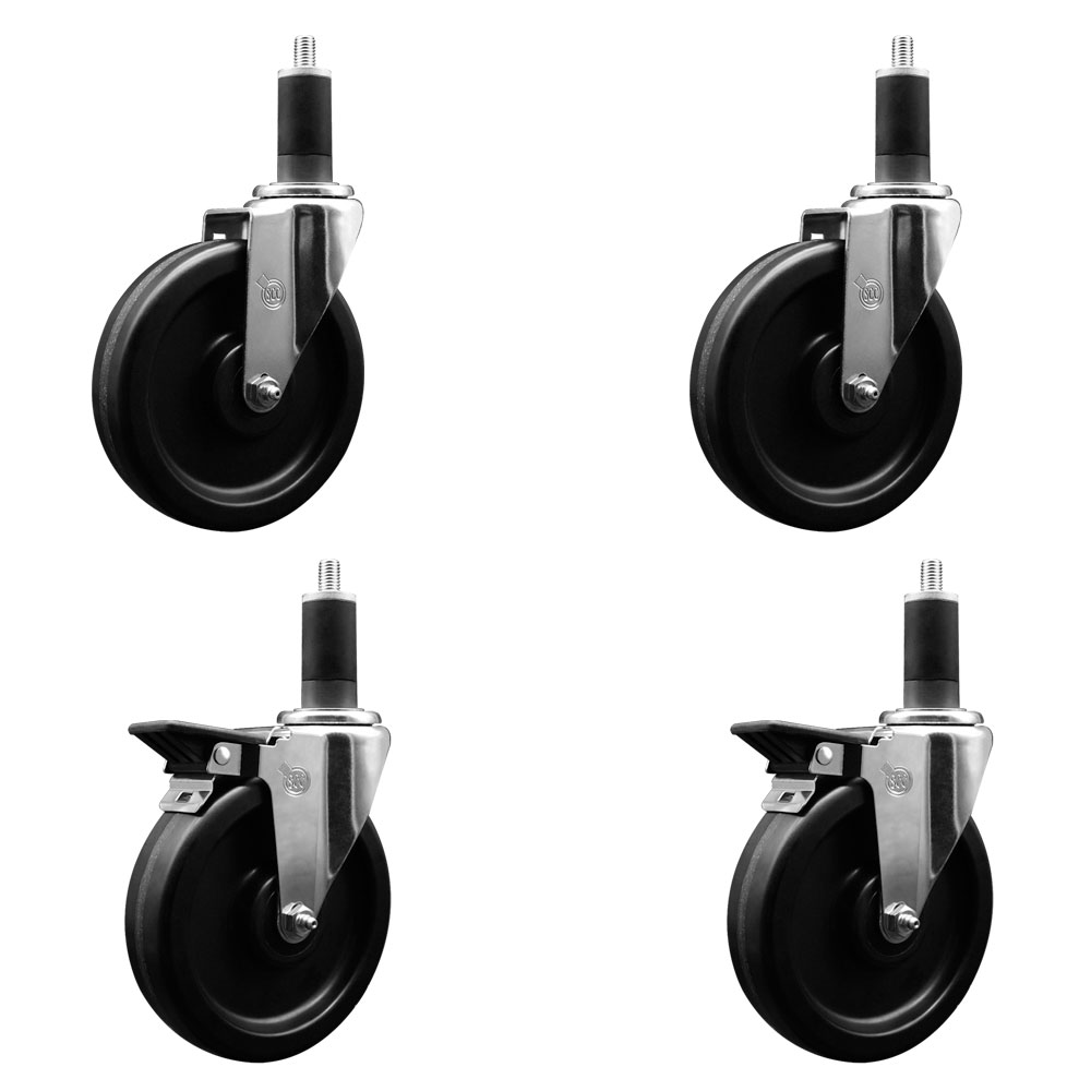 Phenolic Swivel Expanding Stem Caster Set of 4 w/Roller Bearings - 6" x 1.5" Black Wheels and 1-1/4" Stems - Includes 2 with Posi Locking Brakes - 1200 lbs Total Capacity - Service Caster Brand — photo 1
