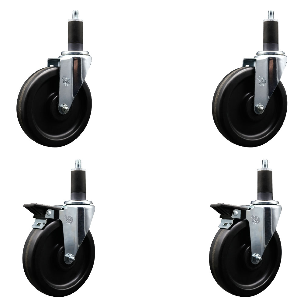 Phenolic Swivel Expanding Stem Caster Set of 4 with 6 Inch Black Wheels and 1-1/4" Stems - Includes 2 with Posi Locking Brakes - 1200 lbs Total Capacity - Service Caster Brand — photo 1