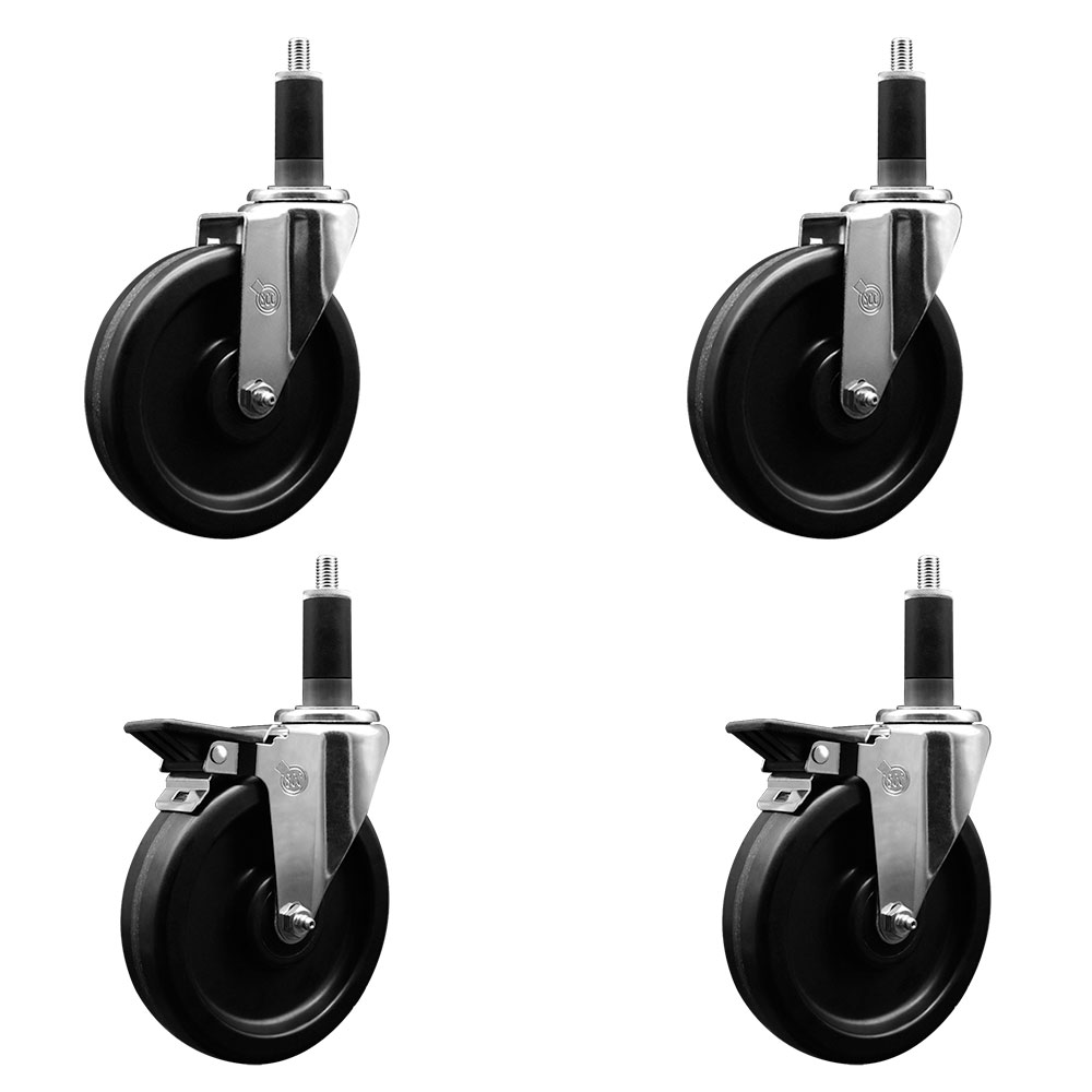 Phenolic Swivel Expanding Stem Caster Set of 4 w/Roller Bearings - 6" x 1.5" Black Wheels and 1-1/8" Stems - Includes 2 with Posi Locking Brakes - 1200 lbs Total Capacity - Service Caster Brand — photo 1