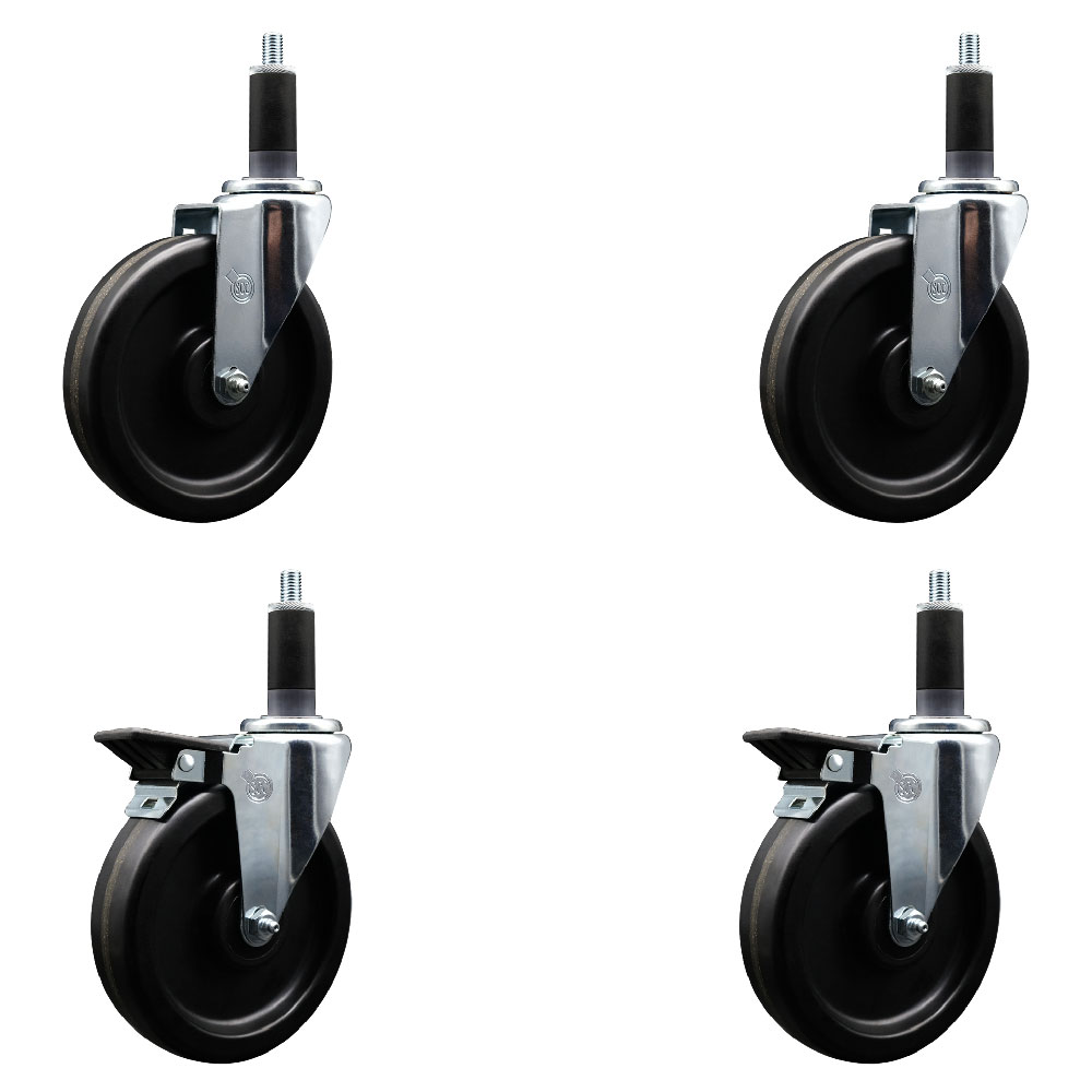 Phenolic Swivel Expanding Stem Caster Set of 4 with 6 Inch Black Wheels and 1-1/8" Stems - Includes 2 with Posi Locking Brakes - 1200 lbs Total Capacity - Service Caster Brand — photo 1