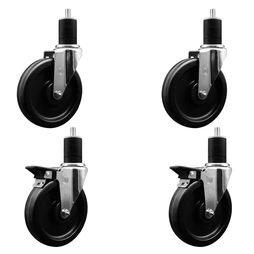 Phenolic Swivel Expanding Stem Caster Set of 4 w/Roller Bearings - 6" x 1.5" Black Wheels and 1-3/4" Stems - Includes 2 with Posi Locking Brakes - 1200 lbs Total Capacity - Service Caster Brand — photo 1