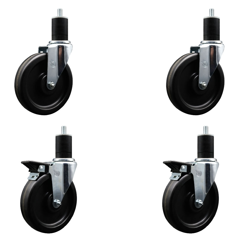 Phenolic Swivel Expanding Stem Caster Set of 4 with 6 Inch Black Wheels and 1-3/4" Stems - Includes 2 with Posi Locking Brakes - 1200 lbs Total Capacity - Service Caster Brand — photo 1