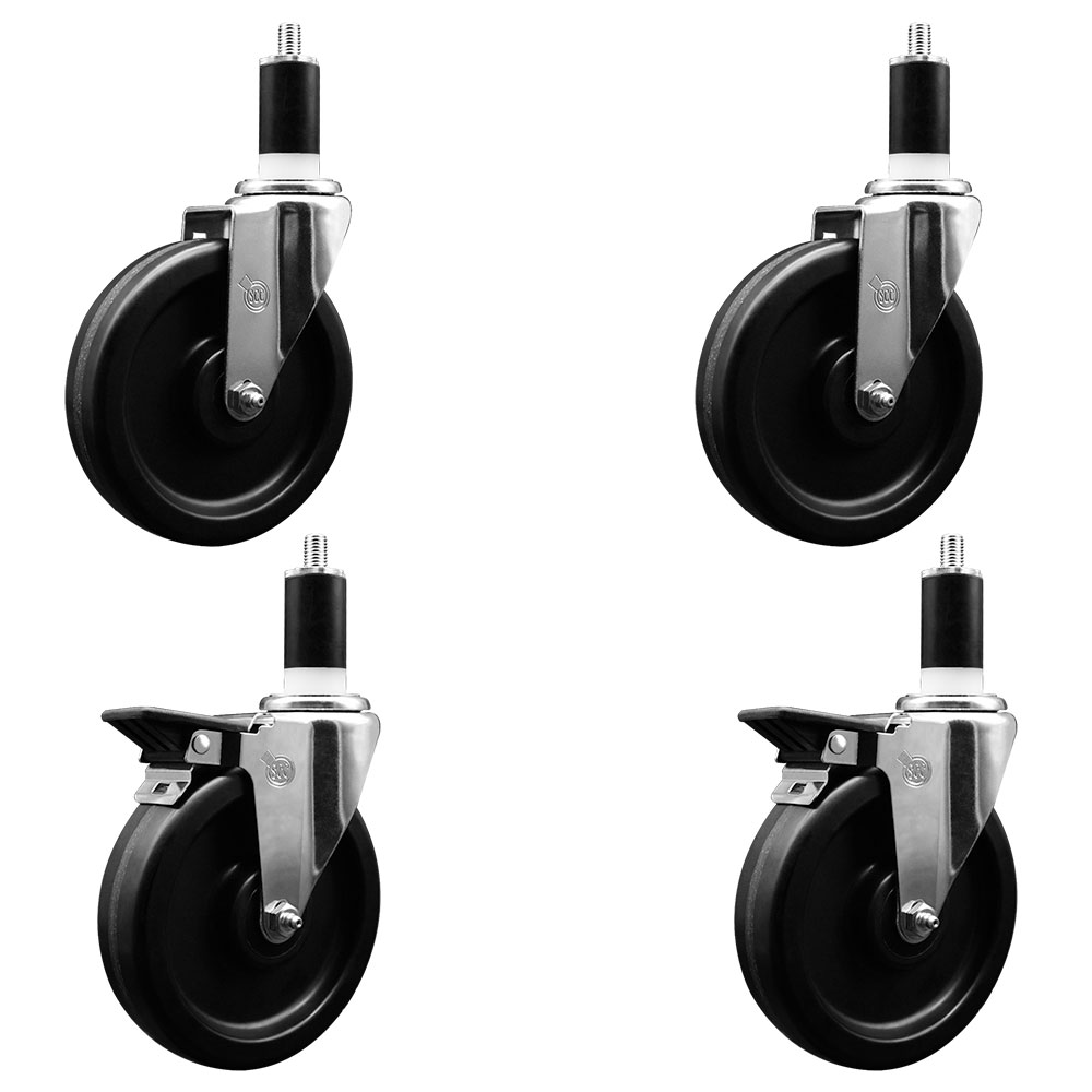 Phenolic Swivel Expanding Stem Caster Set of 4 w/Roller Bearings - 6" x 1.5" Black Wheels and 1-3/8" Stems - Includes 2 with Posi Locking Brakes - 1200 lbs Total Capacity - Service Caster Brand — photo 1
