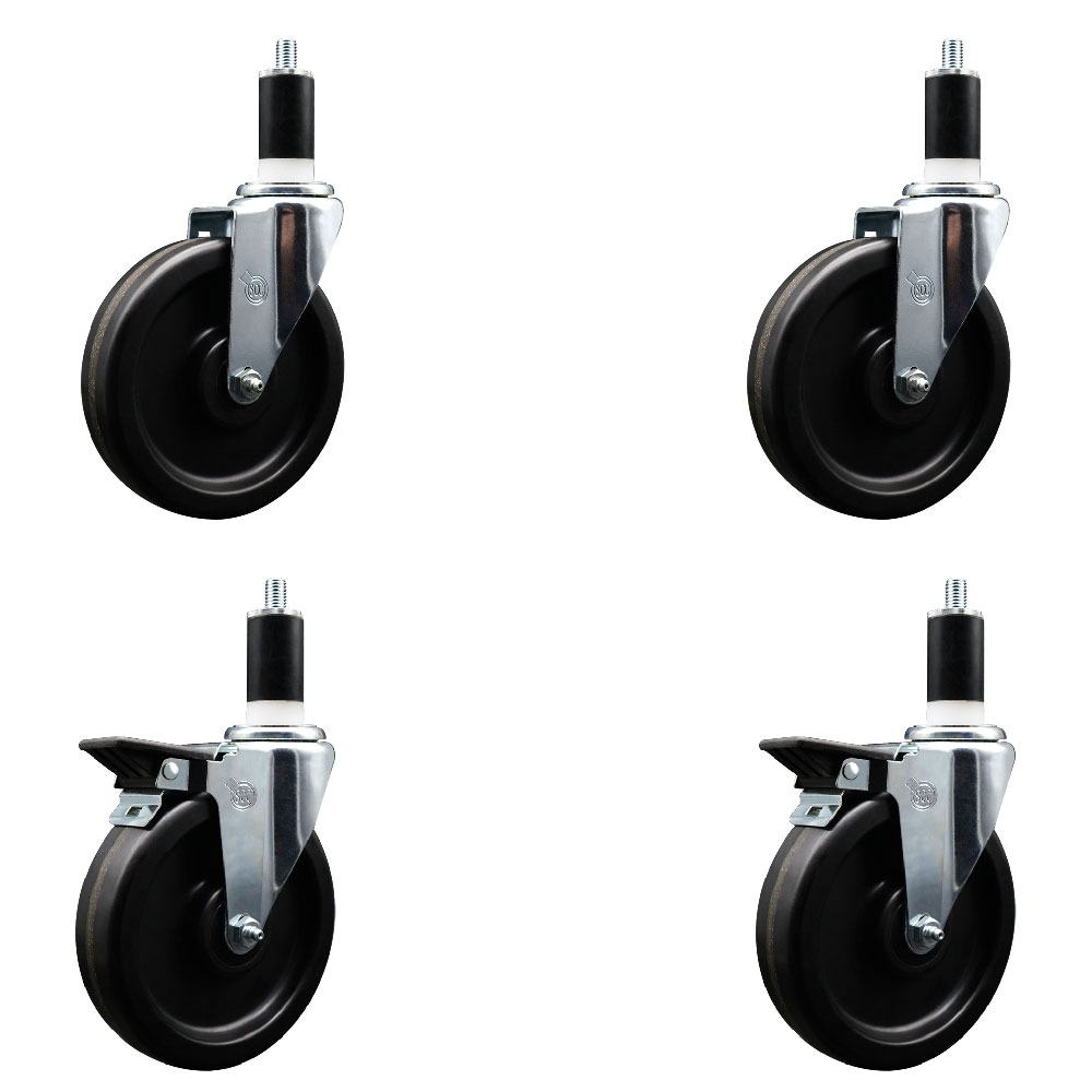 Phenolic Swivel Expanding Stem Caster Set of 4 with 6 Inch Black Wheels and 1-3/8" Stems - Includes 2 with Posi Locking Brakes - 1200 lbs Total Capacity - Service Caster Brand — photo 1