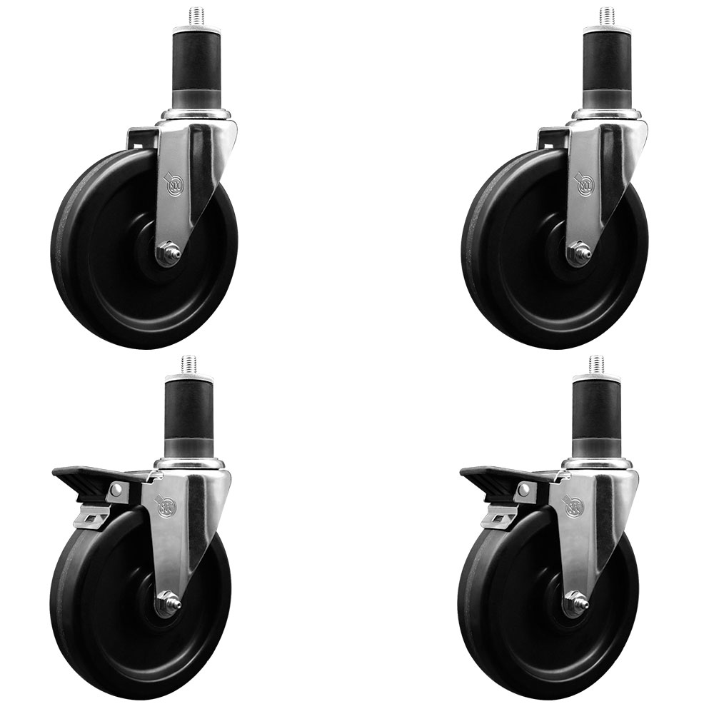 Phenolic Swivel Expanding Stem Caster Set of 4 w/Roller Bearings - 6" x 1.5" Black Wheels and 1-5/8" Stems - Includes 2 with Posi Locking Brakes - 1200 lbs Total Capacity - Service Caster Brand — photo 1