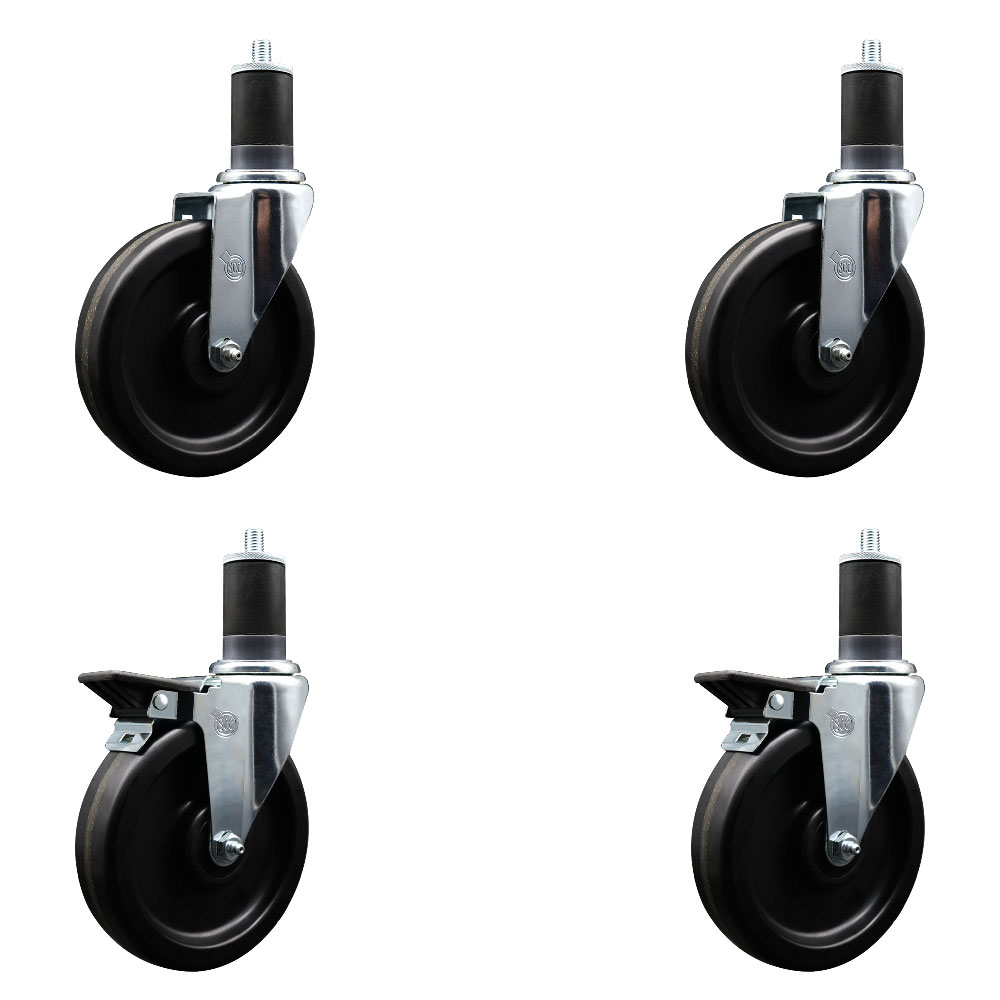 Phenolic Swivel Expanding Stem Caster Set of 4 with 6 Inch Black Wheels and 1-5/8" Stems - Includes 2 with Posi Locking Brakes - 1200 lbs Total Capacity - Service Caster Brand — photo 1