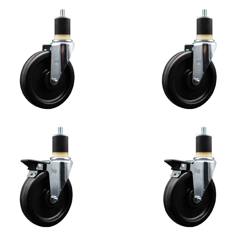 Phenolic Swivel Expanding Stem Caster Set of 4 with 6 Inch Black Wheels and 1-7/8" Stems - Includes 2 with Posi Locking Brakes - 1200 lbs Total Capacity - Service Caster Brand — photo 1