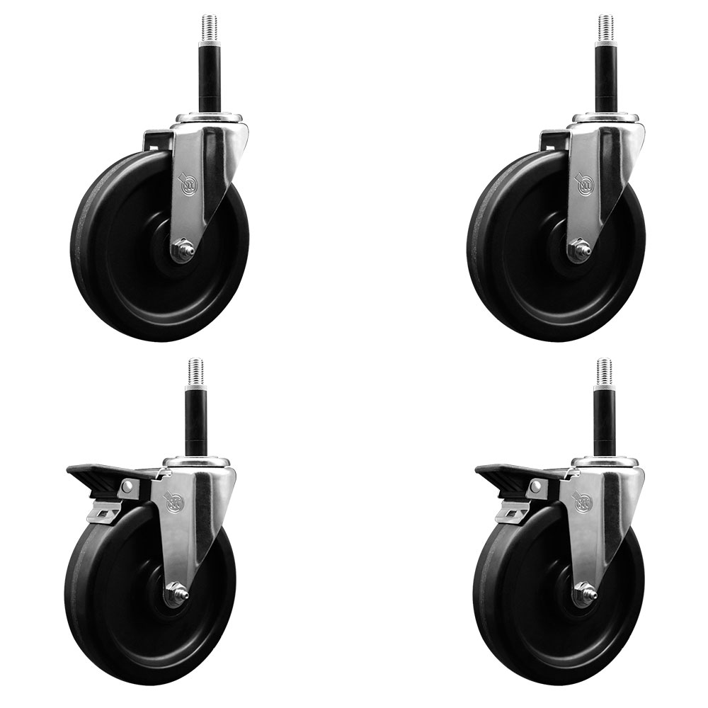Phenolic Swivel Expanding Stem Caster Set of 4 w/Roller Bearings - 6" x 1.5" Black Wheels and 3/4" Stems - Includes 2 with Posi Locking Brakes - 1200 lbs Total Capacity - Service Caster Brand — photo 1
