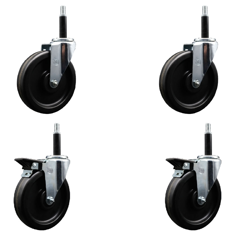Phenolic Swivel Expanding Stem Caster Set of 4 with 6 Inch Black Wheels and 3/4" Stems - Includes 2 with Posi Locking Brakes - 1200 lbs Total Capacity - Service Caster Brand — photo 1