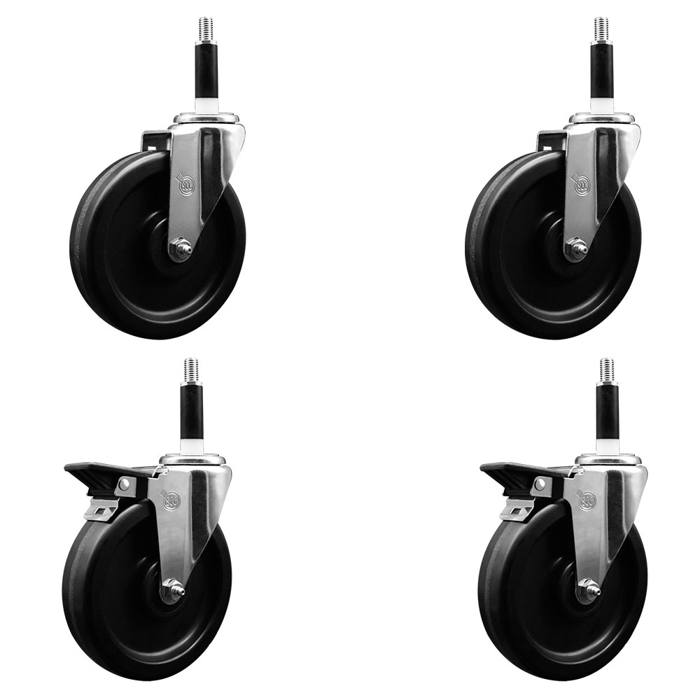 Phenolic Swivel Expanding Stem Caster Set of 4 w/Roller Bearings - 6" x 1.5" Black Wheels and 7/8" Stems - Includes 2 with Posi Locking Brakes - 1200 lbs Total Capacity - Service Caster Brand — photo 1
