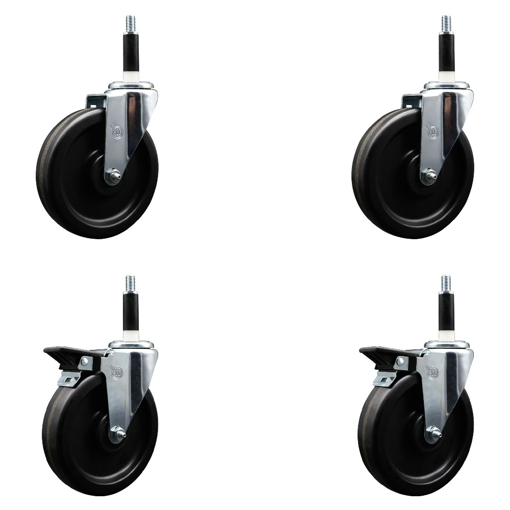 Phenolic Swivel Expanding Stem Caster Set of 4 with 6 Inch Black Wheels and 7/8" Stems - Includes 2 with Posi Locking Brakes - 1200 lbs Total Capacity - Service Caster Brand — photo 1