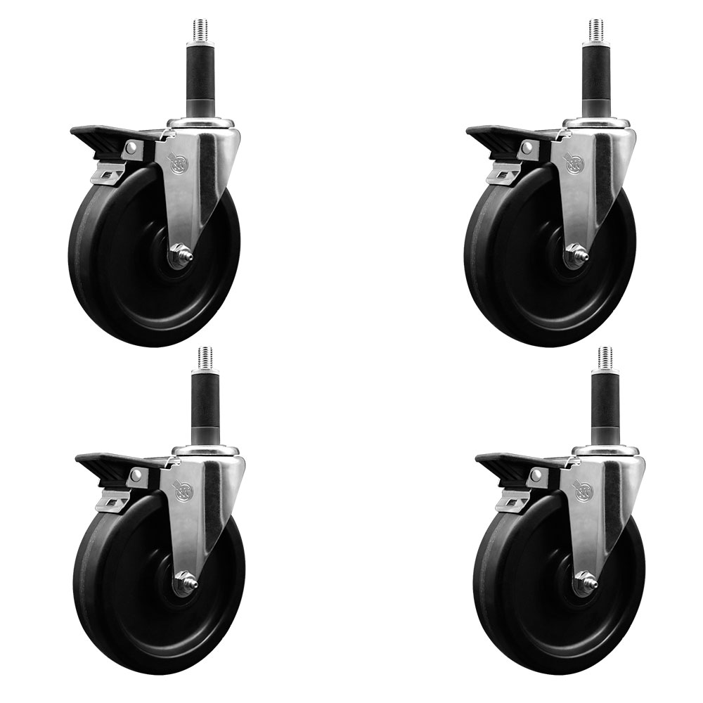 Phenolic Swivel Expanding Stem Caster Set of 4 with Roller Bearings - 6" x 1.5" Black Wheels and 1" Stems - Includes 4 with Posi Lock Brakes - 1200 lbs Total Capacity - Service Caster Brand — photo 1