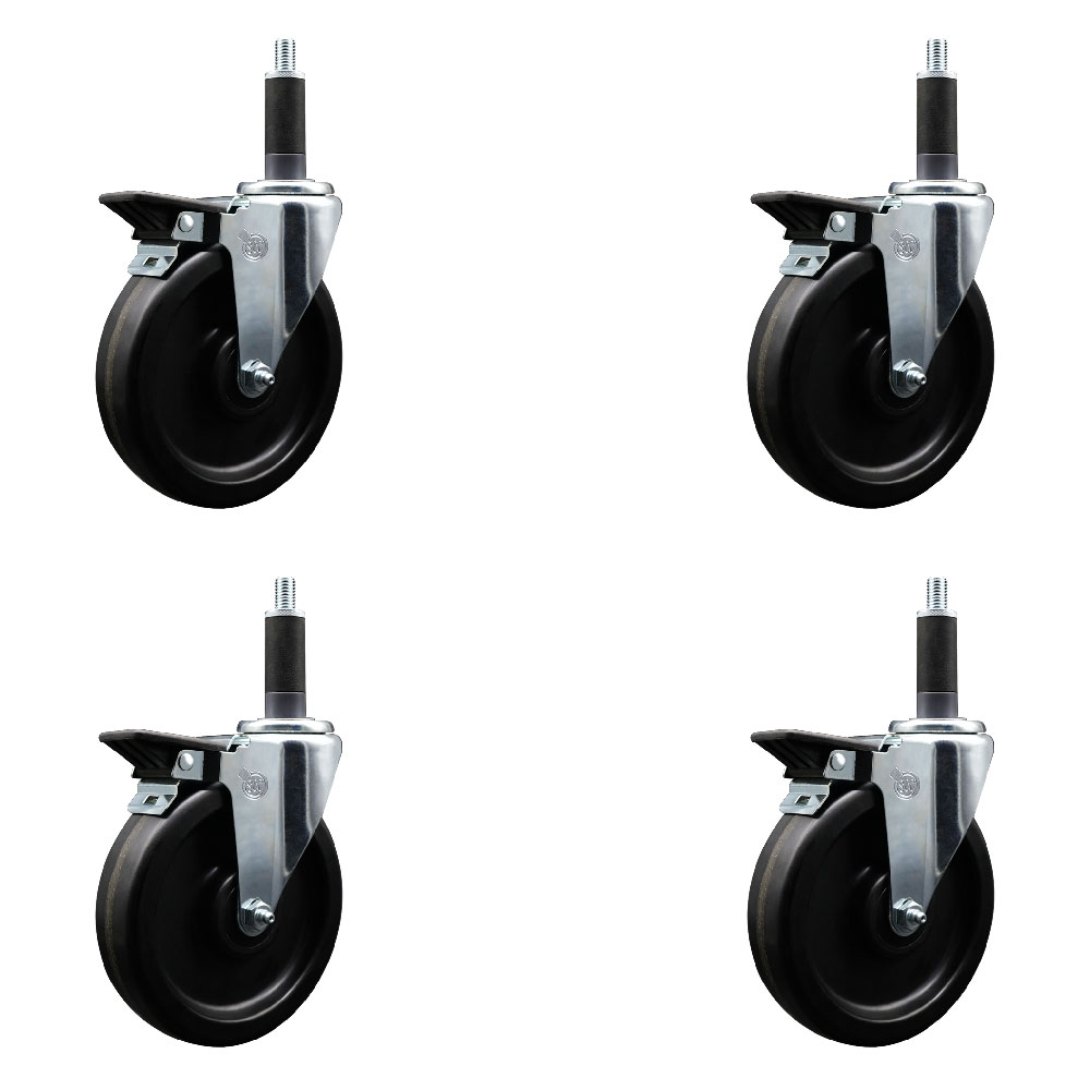 Phenolic Swivel Expanding Stem Caster Set of 4 with 6 Inch Black Wheels and 1" Stems - Includes 4 Swivel with Posi Locking Brakes - 300 lbs. Capacity Per Caster - Service Caster Brand — photo 1