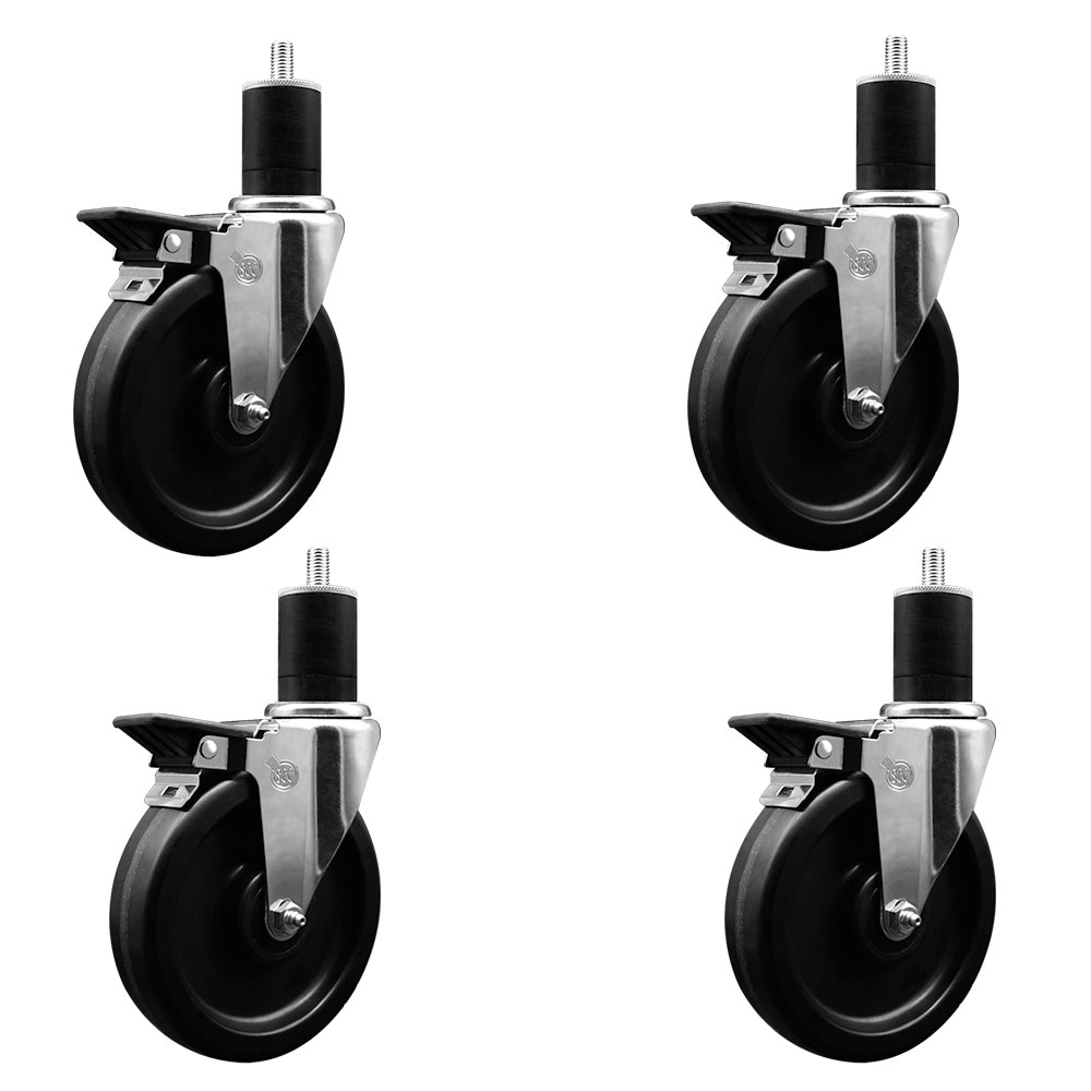 Phenolic Swivel Expanding Stem Caster Set of 4 with Roller Bearings - 6" x 1.5" Black Wheels and 1-3/4" Stems - Includes 4 with Posi Lock Brakes - 1200 lbs Total Capacity - Service Caster Brand — photo 1