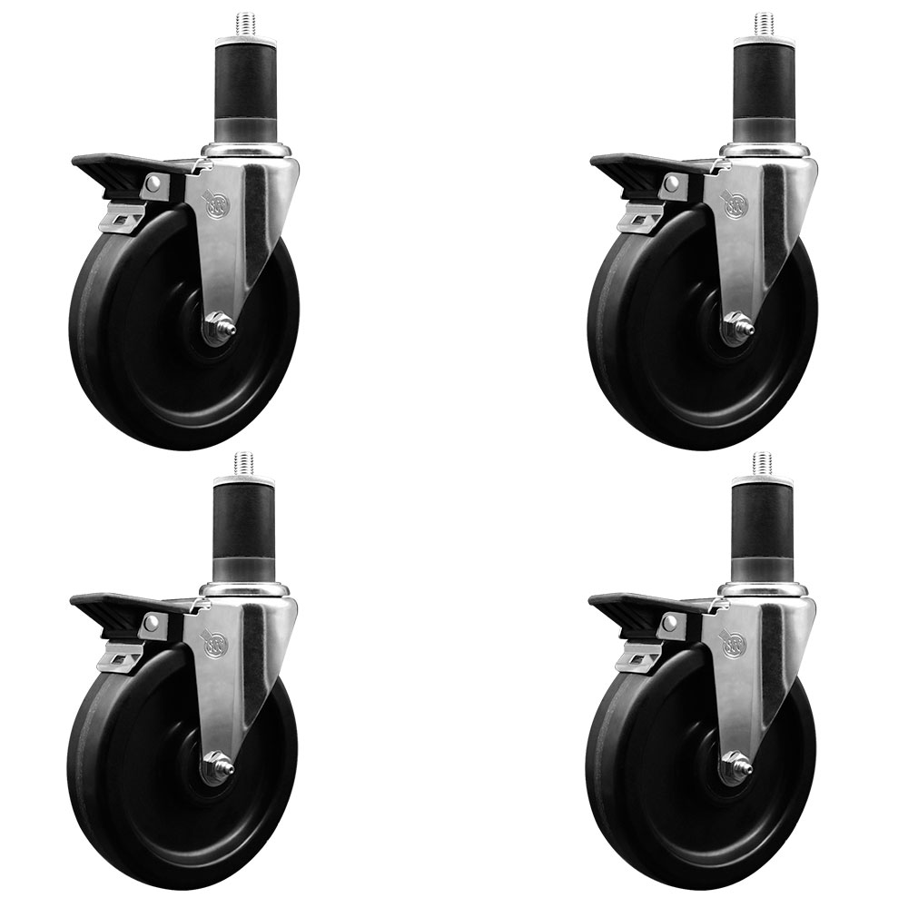 Phenolic Swivel Expanding Stem Caster Set of 4 with Roller Bearings - 6" x 1.5" Black Wheels and 1-5/8" Stems - Includes 4 with Posi Lock Brakes - 1200 lbs Total Capacity - Service Caster Brand — photo 1