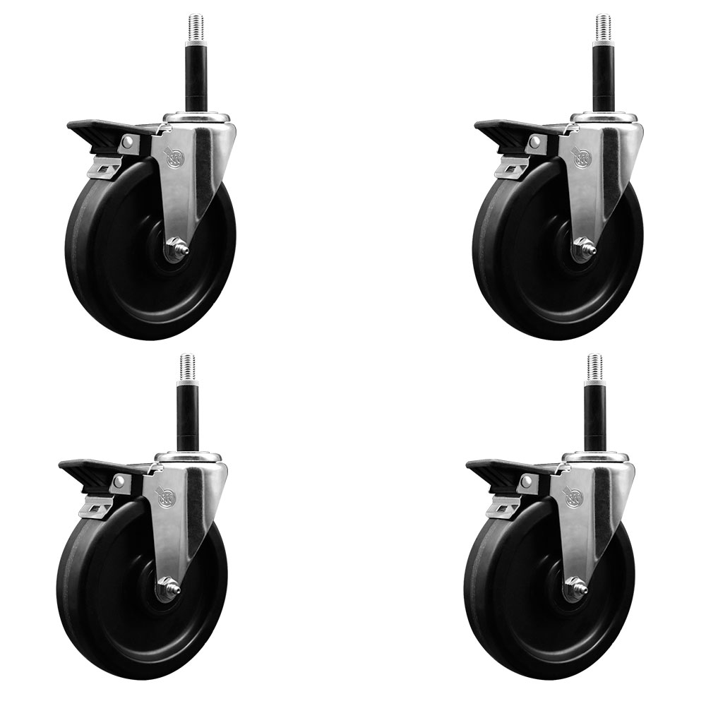Phenolic Swivel Expanding Stem Caster Set of 4 with Roller Bearings - 6" x 1.5" Black Wheels and 3/4" Stems - Includes 4 with Posi Lock Brakes - 1200 lbs Total Capacity - Service Caster Brand — photo 1