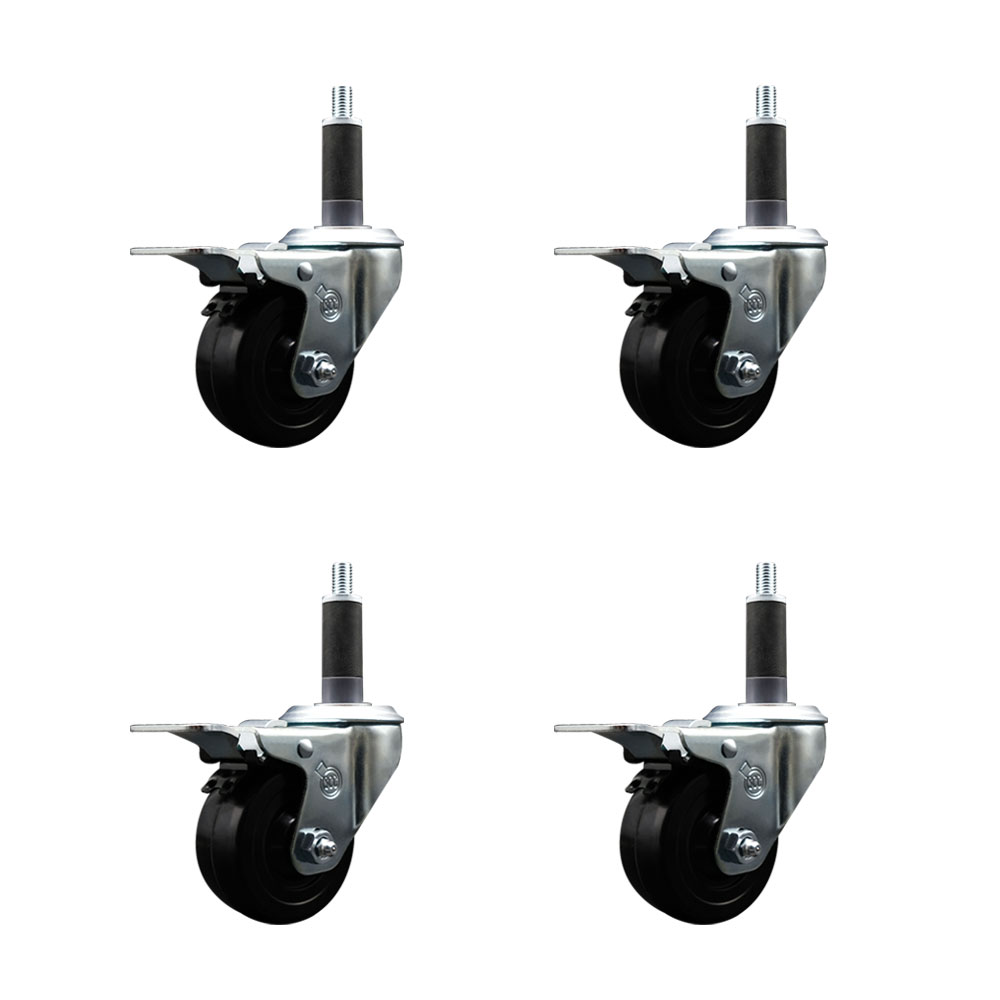 Hard Rubber Swivel Expanding Stem Caster Set of 4 w/3" x 1.25" Black Wheels and 1" Stems - Includes 4 with Total Lock Brakes - 1100 lbs Total Capacity - Service Caster Brand — photo 1