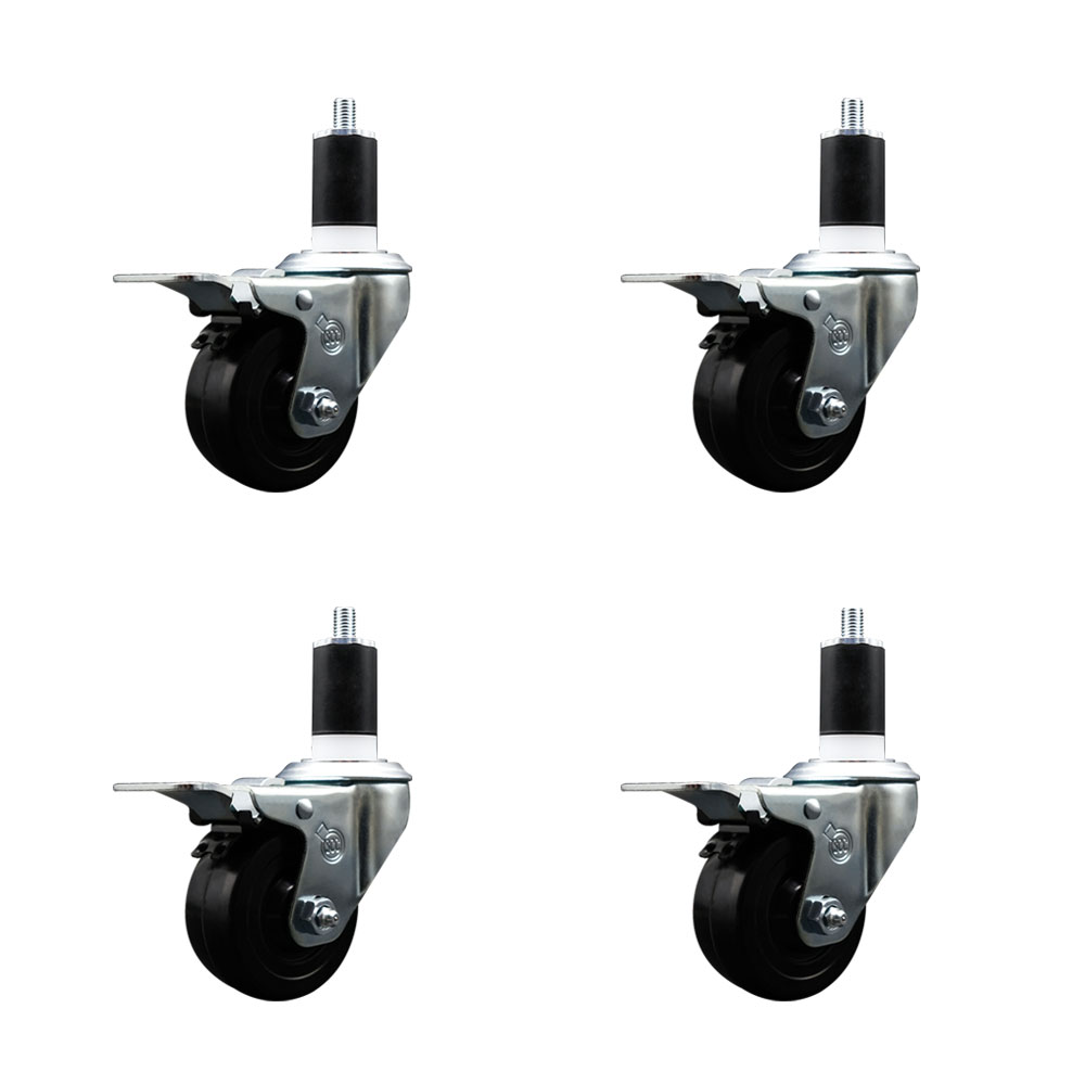 Stainless Steel Soft Rubber Swivel Expanding Stem Caster Set of 4 with 3 Inch Black Wheels and 1-1/2" Stems - 4 Swivel with Total Locking Brakes - 175 lbs. Capacity Per Caster - Service Caster Brand — photo 1