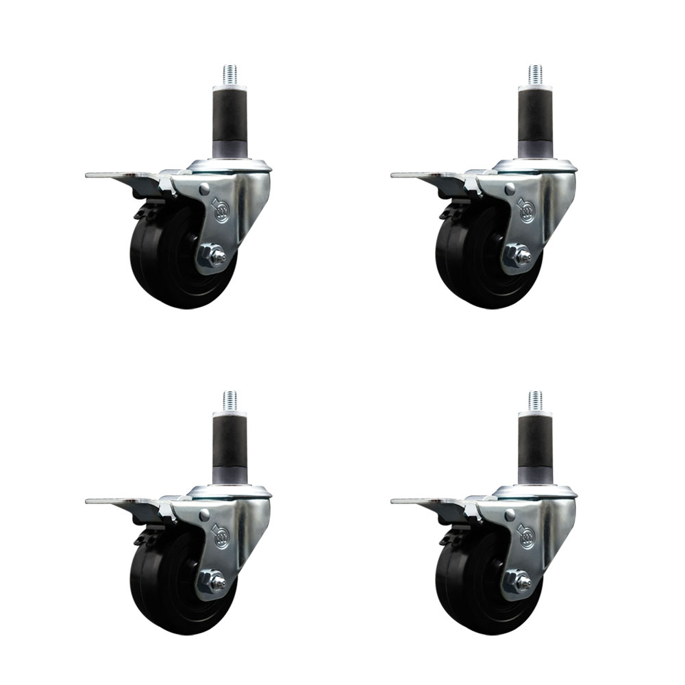 Soft Rubber Swivel Expanding Stem Caster Set of 4 with 3 Inch Black Wheels and 1-1/4" Stems - Includes 4 Swivel with Total Locking Brakes - 175 lbs. Capacity Per Caster - Service Caster Brand — photo 1