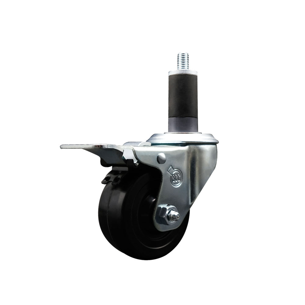 Soft Rubber Expanding Stem Swivel Caster with 3 Inch Black Wheel and 1-1/4" Stem & Total Locking Brake - 175 lbs. Capacity Per Caster - Service Caster Brand — photo 1