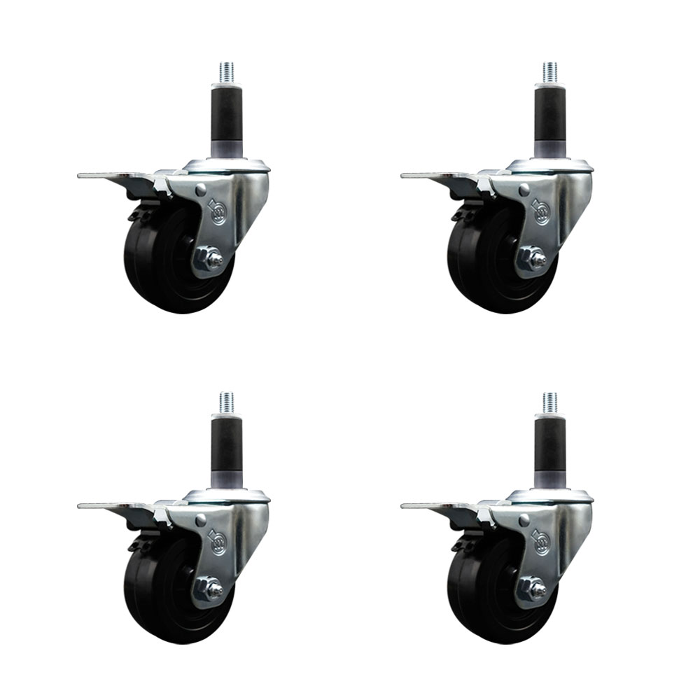 Stainless Steel Soft Rubber Swivel Expanding Stem Caster Set of 4 with 3 Inch Black Wheels and 1-1/8" Stems - 4 Swivel with Total Locking Brakes - 175 lbs. Capacity Per Caster - Service Caster Brand — photo 1