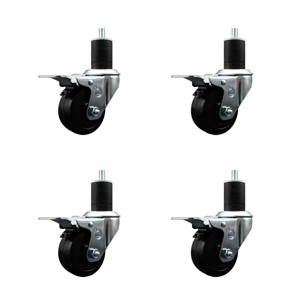 Stainless Steel Soft Rubber Swivel Expanding Stem Caster Set of 4 with 3 Inch Black Wheels and 1-3/4" Stems - 4 Swivel with Total Locking Brakes - 175 lbs. Capacity Per Caster - Service Caster Brand — photo 1