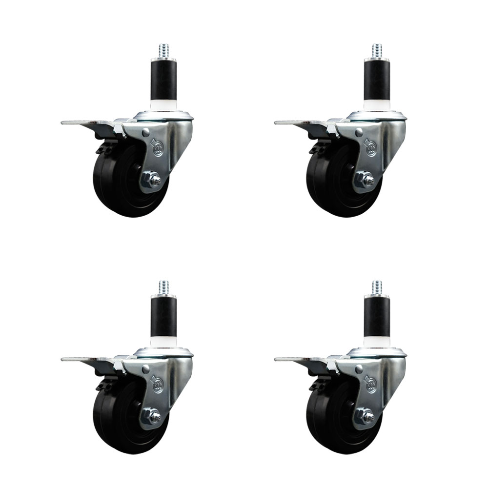 Soft Rubber Swivel Expanding Stem Caster Set of 4 with 3 Inch Black Wheels and 1-3/8" Stems - Includes 4 Swivel with Total Locking Brakes - 175 lbs. Capacity Per Caster - Service Caster Brand — photo 1