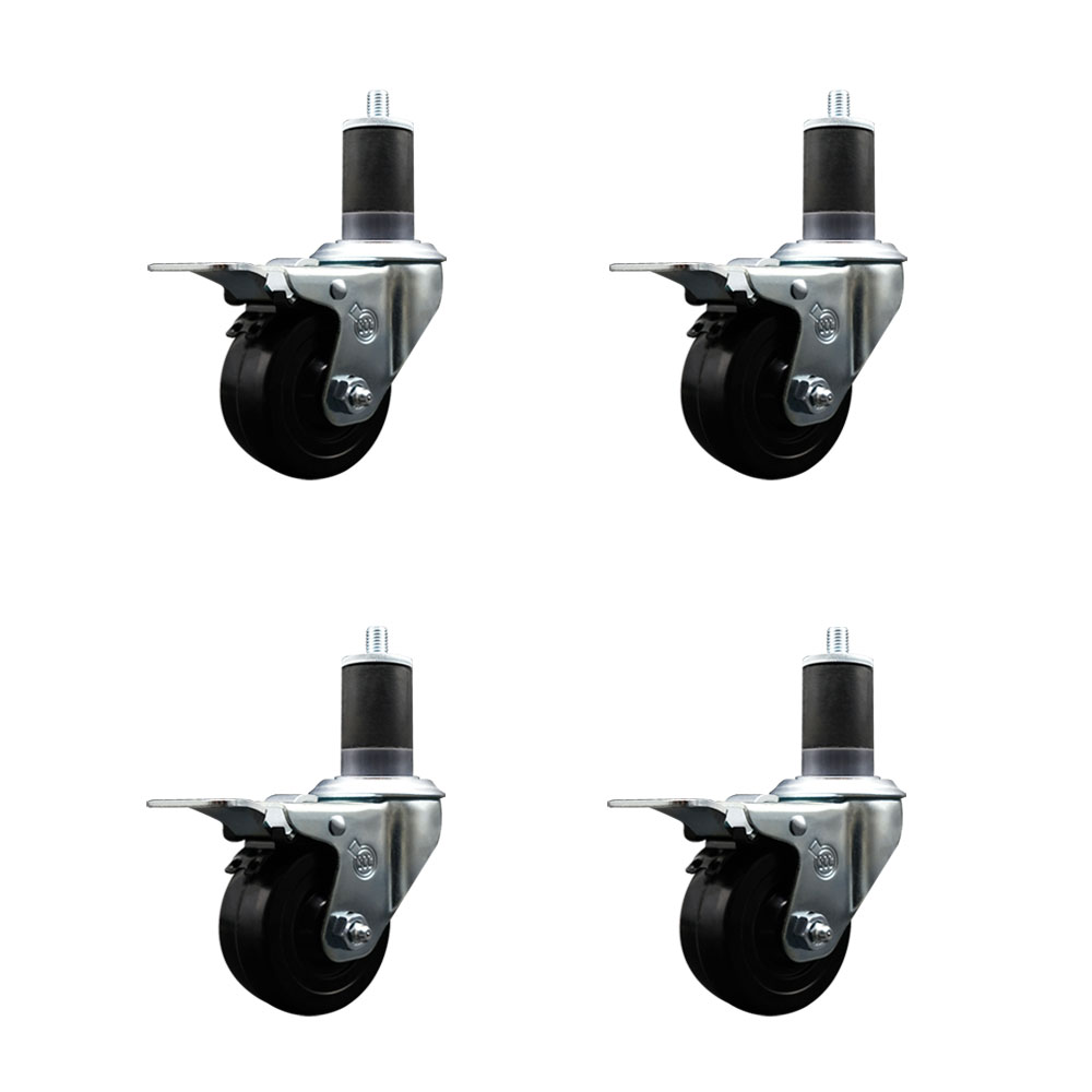 Hard Rubber Swivel Expanding Stem Caster Set of 4 w/3" x 1.25" Black Wheels and 1-5/8" Stems - Includes 4 with Total Lock Brakes - 1100 lbs Total Capacity - Service Caster Brand — photo 1