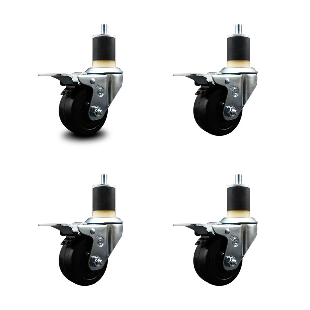 Stainless Steel Soft Rubber Swivel Expanding Stem Caster Set of 4 with 3 Inch Black Wheels and 1-7/8" Stems - 4 Swivel with Total Locking Brakes - 175 lbs. Capacity Per Caster - Service Caster Brand — photo 1