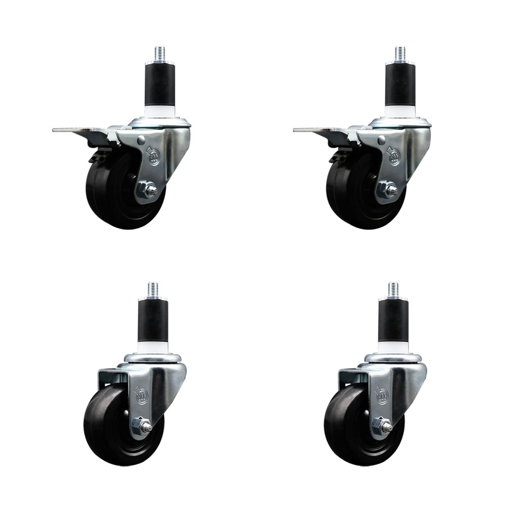 Stainless Steel Hard Rubber Swivel Expanding Stem Caster Set of 4 w/3" x 1.25" Black Wheels and 1-1/2" Stems - Includes 2 with Total Locking Brake - 1100 lbs Total Capacity - Service Caster Brand — photo 1