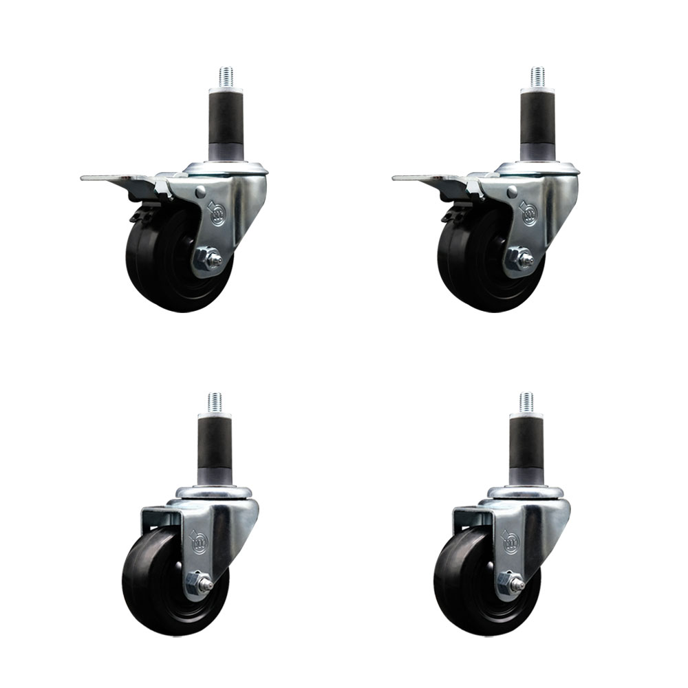 Soft Rubber Swivel Expanding Stem Caster Set of 4 with 3 Inch Black Wheels and 1-1/4" Stems - Includes 2 with Total Locking Brakes - 700 lbs Total Capacity - Service Caster Brand — photo 1