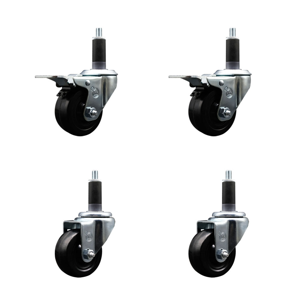 Soft Rubber Swivel Expanding Stem Caster Set of 4 with 3 Inch Black Wheels and 1-1/8" Stems - Includes 2 with Total Locking Brakes - 700 lbs Total Capacity - Service Caster Brand — photo 1
