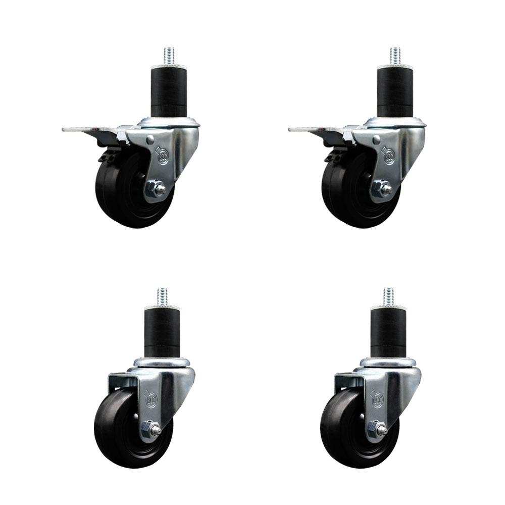 Hard Rubber Swivel Expanding Stem Caster Set of 4 w/3" x 1.25" Black Wheels and 1-3/4" Stems - Includes 2 with Total Locking Brake - 1100 lbs Total Capacity - Service Caster Brand — photo 1
