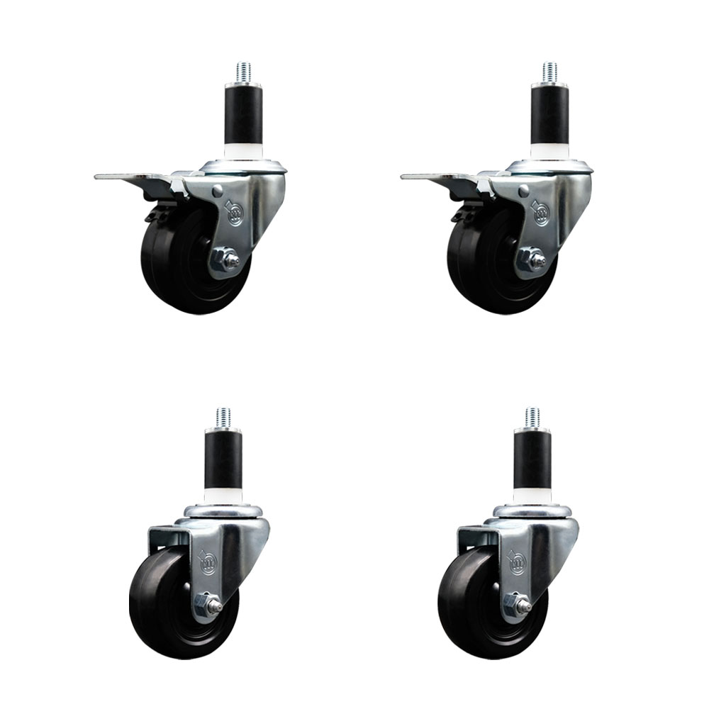 Stainless Steel Soft Rubber Swivel Expanding Stem Caster Set of 4 with 3 Inch Black Wheels and 1-3/8" Stems - Includes 2 with Total Locking Brakes - 700 lbs Total Capacity - Service Caster Brand — photo 1