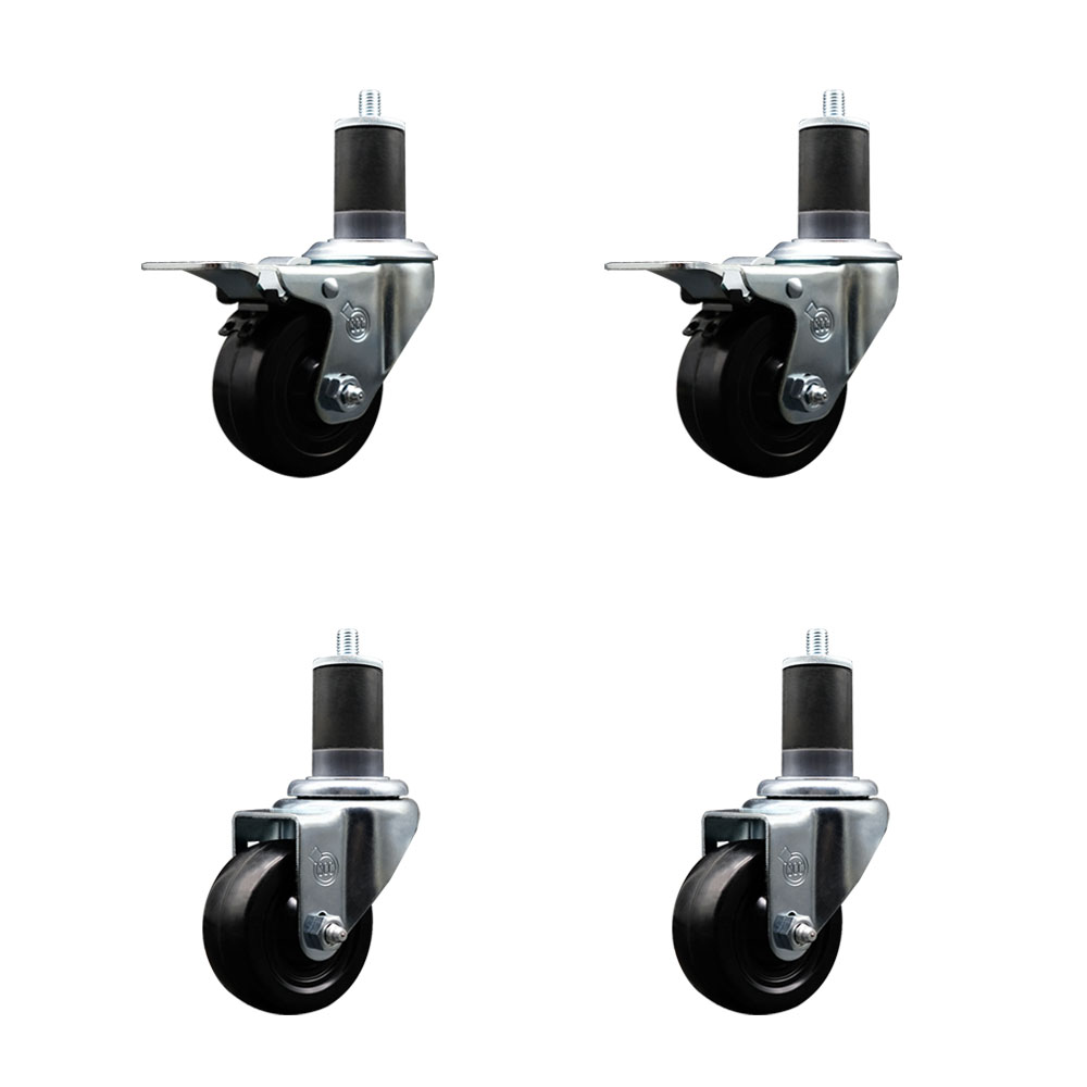 Stainless Steel Soft Rubber Swivel Expanding Stem Caster Set of 4 with 3 Inch Black Wheels and 1-5/8" Stems - Includes 2 with Total Locking Brakes - 700 lbs Total Capacity - Service Caster Brand — photo 1