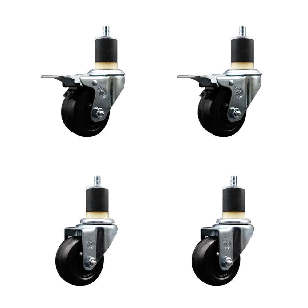Soft Rubber Swivel Expanding Stem Caster Set of 4 with 3 Inch Black Wheels and 1-7/8" Stems - Includes 2 with Total Locking Brakes - 700 lbs Total Capacity - Service Caster Brand — photo 1