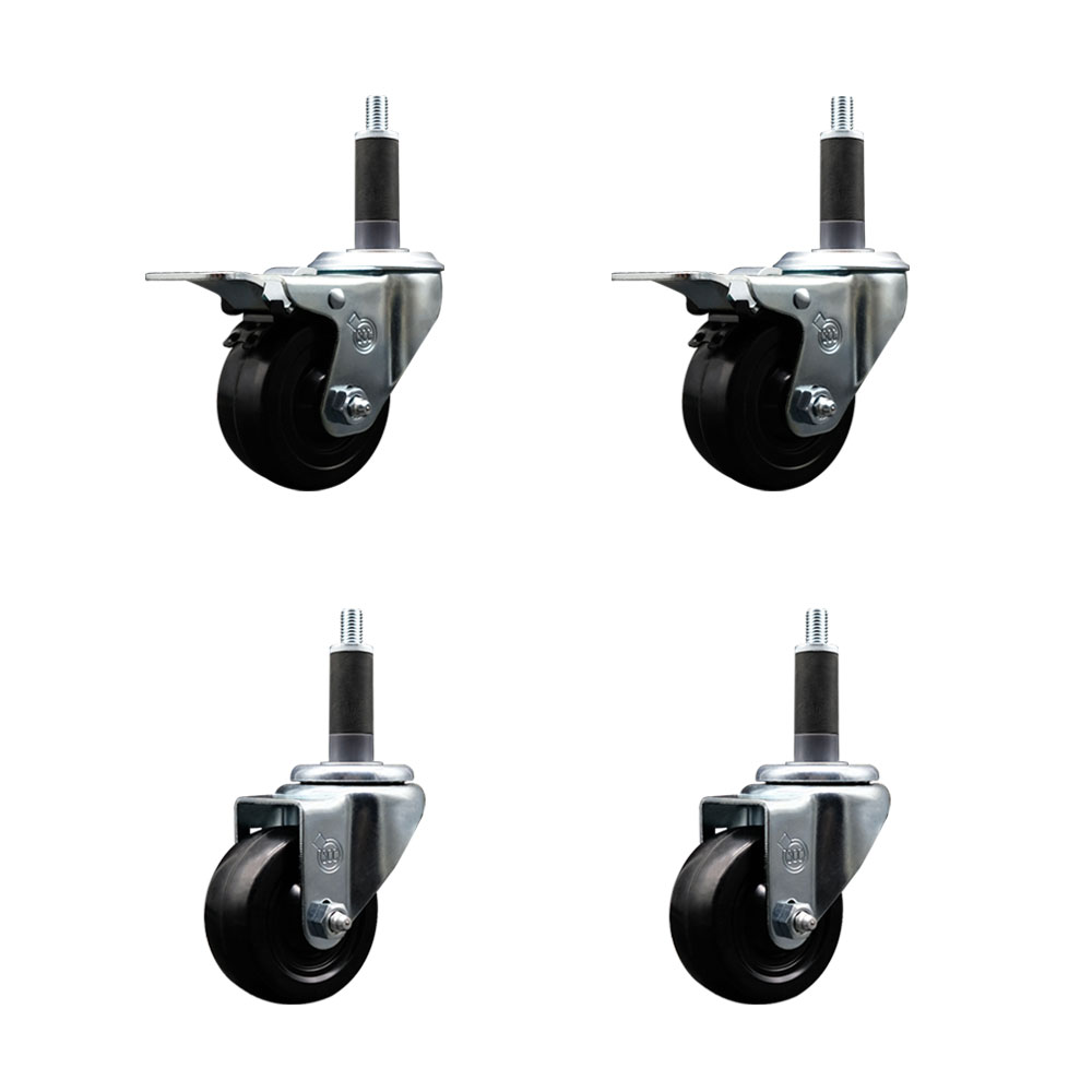Stainless Steel Soft Rubber Swivel Expanding Stem Caster Set of 4 with 3 Inch Black Wheels and 1" Stems - Includes 2 with Total Locking Brakes - 700 lbs Total Capacity - Service Caster Brand — photo 1