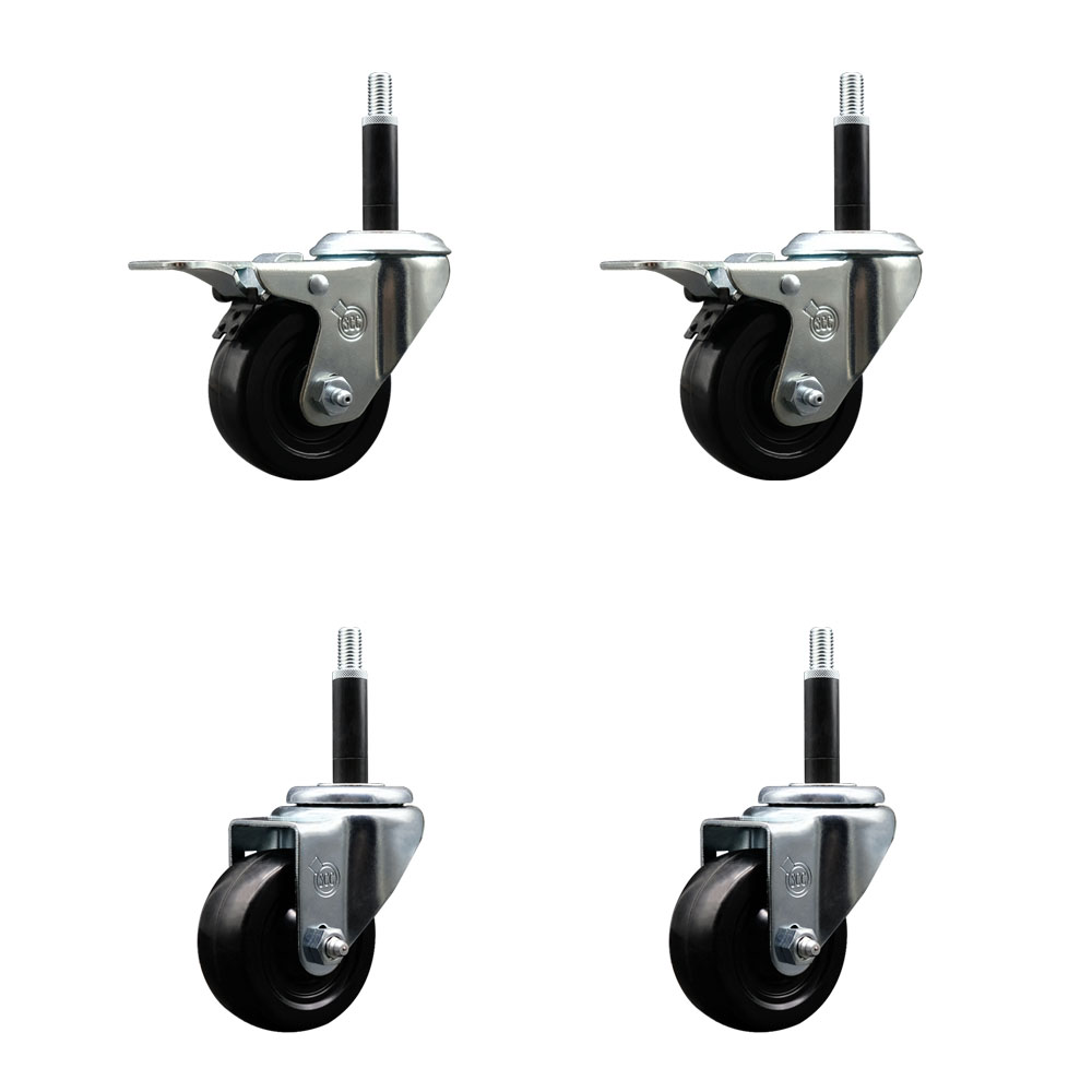 Stainless Steel Hard Rubber Swivel Expanding Stem Caster Set of 4 w/3" x 1.25" Black Wheels and 3/4" Stems - Includes 2 with Total Locking Brake - 1100 lbs Total Capacity - Service Caster Brand — photo 1