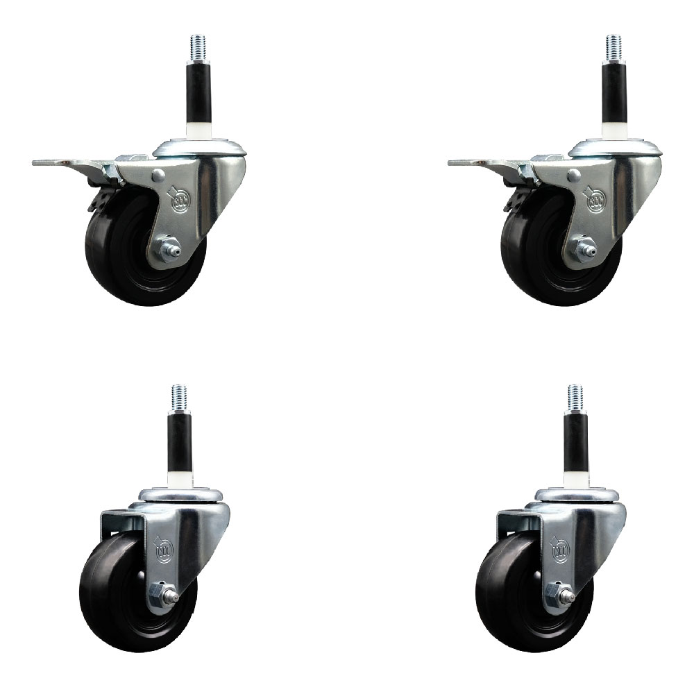 Soft Rubber Swivel Expanding Stem Caster Set of 4 with 3 Inch Black Wheels and 7/8" Stems - Includes 2 with Total Locking Brakes - 700 lbs Total Capacity - Service Caster Brand — photo 1