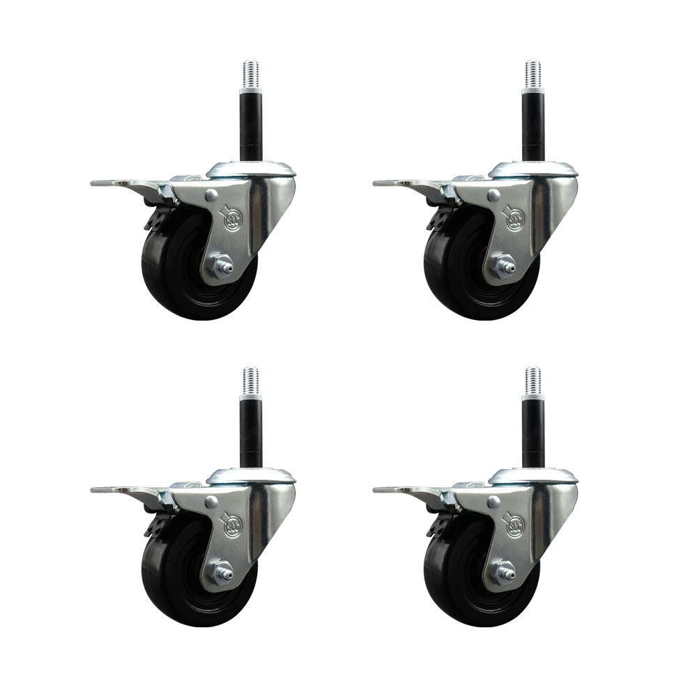 Soft Rubber Swivel Expanding Stem Caster Set of 4 with 3 Inch Black Wheels and 3/4" Stems - Includes 4 Swivel with Total Locking Brakes - 175 lbs. Capacity Per Caster - Service Caster Brand — photo 1