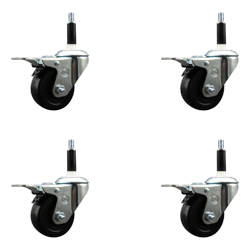 Soft Rubber Swivel Expanding Stem Caster Set of 4 with 3 Inch Black Wheels and 7/8" Stems - Includes 4 Swivel with Total Locking Brakes - 175 lbs. Capacity Per Caster - Service Caster Brand — photo 1